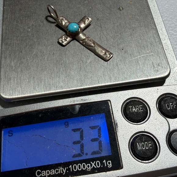 Stamped Native American Sterling Silver Cross Pendant with Turquoise Accent (2) - Picture 5 of 8